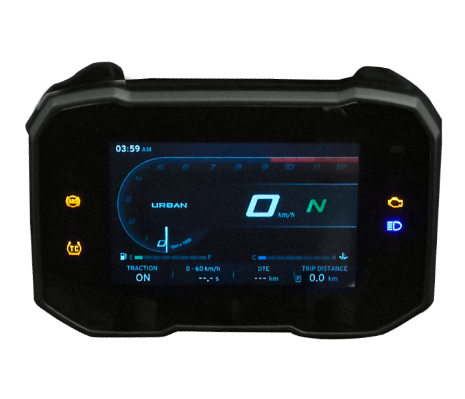 Painel digital da TVS Apache RTR 160 4V mostrando o modo Urban
