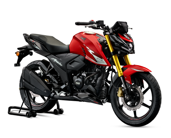 TVS Apache RTR 160 4V vermelha com garfo invertido dourado, vista de frente em três quartos
