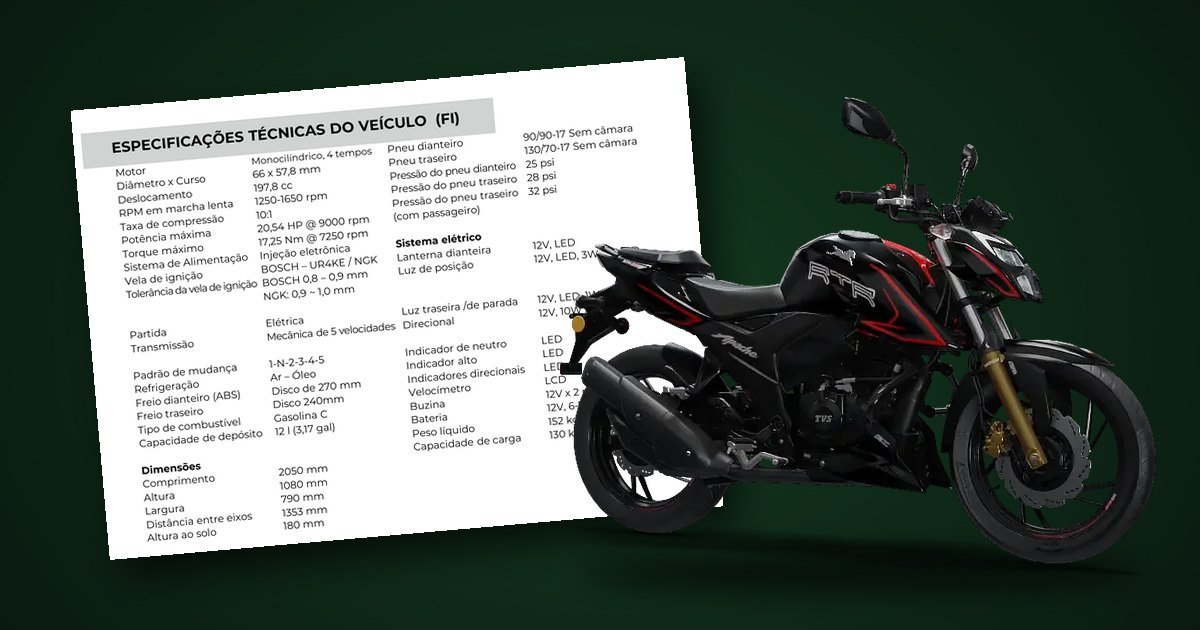 Página de especificações técnicas do manual da TVS Apache RTR 200 ao lado da moto, sobre fundo verde-escuro