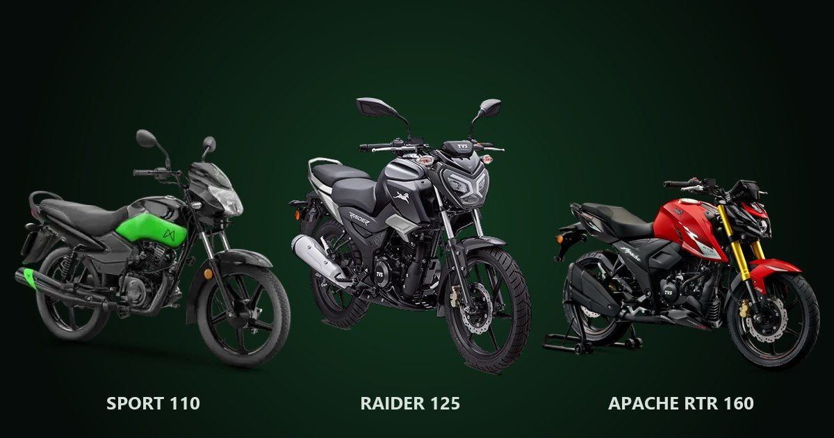 Mottu Sport 110 preta e verde, TVS Raider 125 preta e TVS Apache RTR 160 vermelha lado a lado, em três quartos dianteiro, sobre fundo verde-escuro
