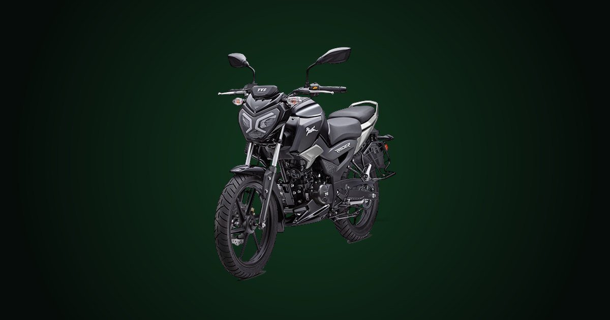 TVS Raider 125 preta vista de frente em três quartos, com o farol de LED em destaque, sobre fundo verde-escuro