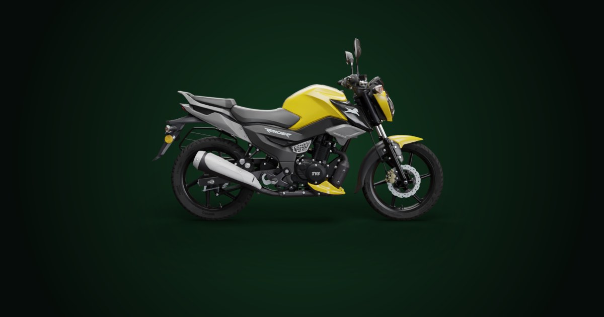 TVS Rider 125 amarela vista de perfil sobre fundo escuro com brilho verde