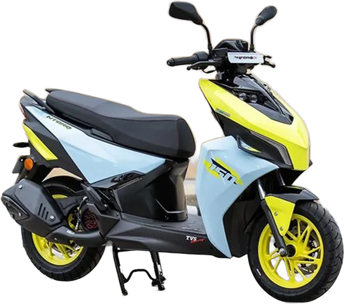 TVS Ntorq 150 amarela e azul vista de três quartos