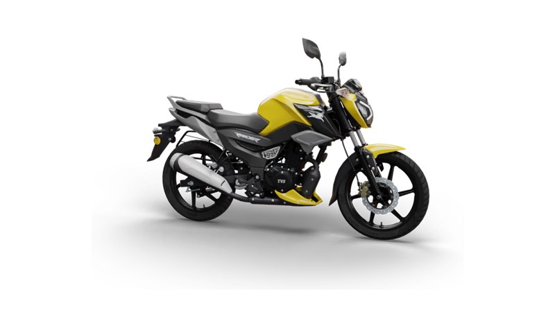 TVS Raider 125 amarela vista de frente em três quartos