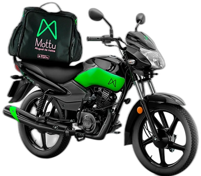 Mottu Sport ESD preta e verde com bag de entrega da Mottu montada na garupa