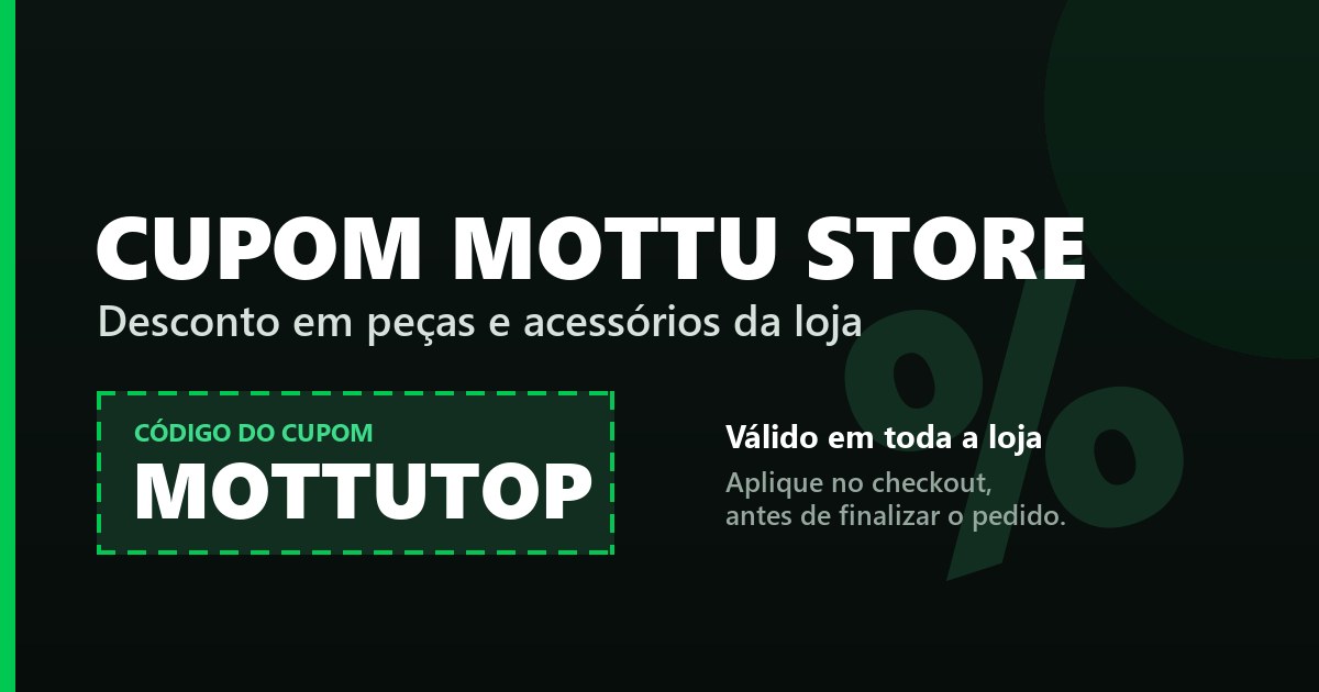 Cupom MOTTUTOP para a Mottu Store, loja de peças e acessórios da Mottu