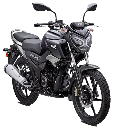 TVS Raider 125 preta, vista de três quartos pela frente, lado direito