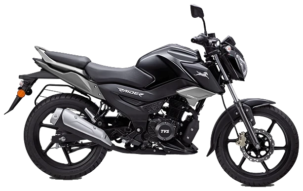 TVS Raider 125 preta de perfil pelo lado direito, com o escapamento à mostra