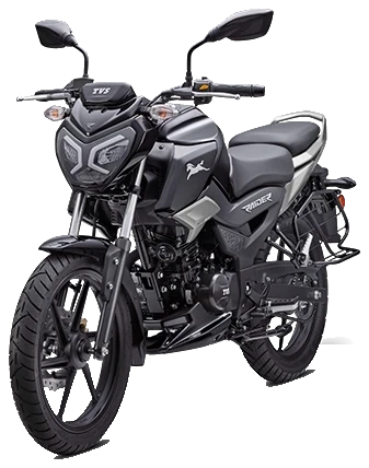 TVS Raider 125 preta vista de três quartos pela frente, lado esquerdo
