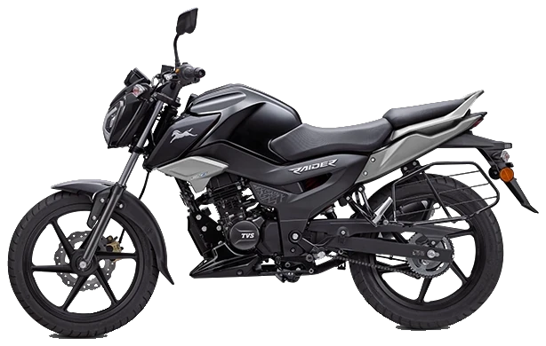 TVS Raider 125 preta de perfil pelo lado esquerdo, tanque e banco inteiros